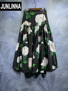JUNLINNA Модерна пола с флорални принтом от 100% памук, полуплатье за парти в стил империя, за почивка, елегантна разширяване