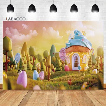 Laeacco Candy Land Фотографски фонове Cartoony торта-сладолед Къща за парти по случай рождения ден на детето Индивидуални портретна фотофоны