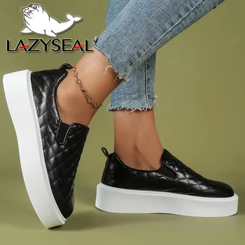 LazySeal / дамски обувки на равна подметка в клетката, однотонная ежедневни обувки на платформа от мека изкуствена кожа, без шнур, с кръгло бомбе, дамски обувки, размер 43