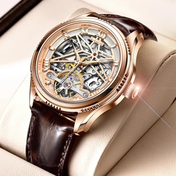 LIGE Мъжките механични часовници на Марката луксозни от естествена кожа, Автоматични часовници с турбийоном водоустойчив часовник самостоятелно ликвидация