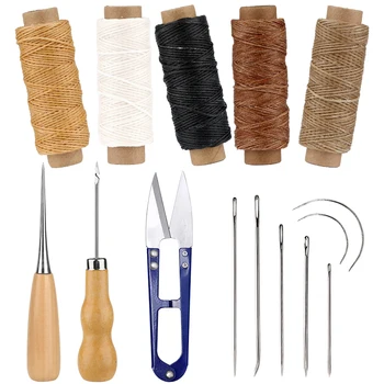 LMDZ 5 цвята, 50 м, вощеная конец, кожени игла за шиене, извити игли, ножици за прежда, ниткорез, шило за пробиване на дървена дръжка