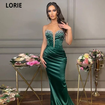 LORIE Модерни копринени сатен рокля за бала 2022 без ръкави с луксозен перли, вечерна рокля Русалка с дължина до пода, секси вечерна зелена рокля