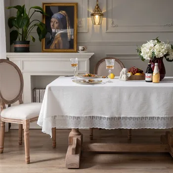 Mantel de lino blanco elegante mesa para, cubierta rectangular против borlas, decoración elegante para boda