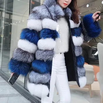 Maomaokong 2023, зимно дамско палто от естествена кожа чернобурки, луксозна топло дебела лисья палто, дълги якета от естествена кожа