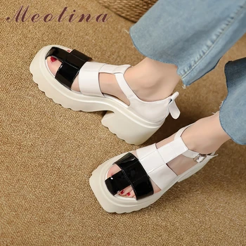 Meotina/ дамски сандали-гладиатори от естествена кожа, през пръсти, платформа, блочный ток, обтегач, боядисана дамски обувки, лятна
