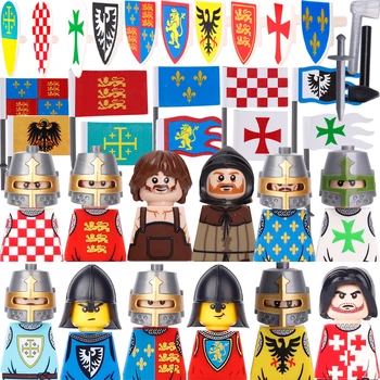MOC заключване, рицари, фигурки на войници, градивни елементи, стикери с пентагонът флага, щит с принтом, мини-аксесоари, тухли, играчката 