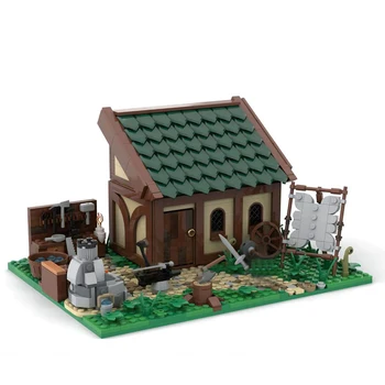 MOC Творчески модел на средновековен замък, къща майстор-ковач, строителни блокове, тухли, играчки за сглобяване със собствените си ръце, подаръци за деца