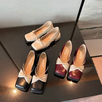 Mr Co/ Пролетни Нови Дамски Тънки обувки Във френски стил С Лък в Ретро стил, С Квадратни пръсти, На Дебел Висок Ток С малките Пръсти, Женски