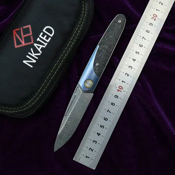 NKAIED Предна Лапа ST245 RWL34 Дамасский Мрамор Дръжката е От Въглеродни Влакна Керамични Лагери Сгъваем Походный Джобен EDC Инструментален Нож