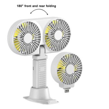 Plug-in hybrid преносим вентилатор въздушен охладител с две глави, сгъване на 180 градуса батерия с капацитет 3000 mah, Мини настолен електрически вентилатор с притежателя на телефона