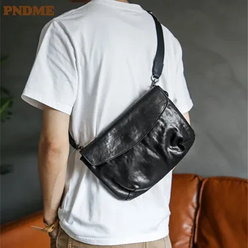 PNDME ежедневни висококачествена мъжка чанта през рамо от естествена кожа, луксозна дизайнерска градинска ежедневна чанта от естествена телешка кожа, черна чанта през рамо
