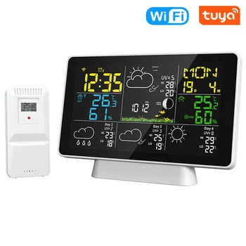 Sasha WiFi Интелигентна метео часовници, 7,5-инчов прогноза за времето, метеорологичната станция, цветен LCD екран, безжичен термометър-влагомер
