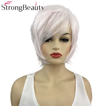 StrongBeauty, кратък директен женски перука, светло розово, смесено с бели коси, синтетичен монолитна перука за ежедневна cosplay, огнеупорни