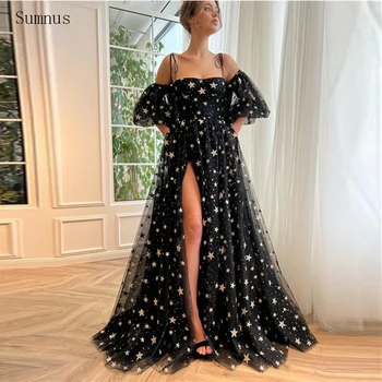 Sumnus Черни елегантни вечерни рокли от тюл с висока цепка отстрани, без презрамки, с пайети, с къс ръкав, официални рокли Robes De Soirée 2023