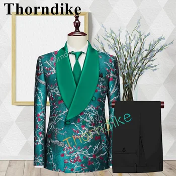 Thorndike, нов стил, сватба, тъмно зелен костюм на младоженеца, всекидневни смокинг с жаккардовым яка, най-добър мъжки моден костюм приятел, комплект от 3 теми