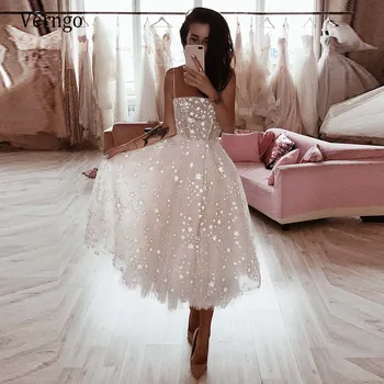 Verngo Великолепна блестяща сватбена рокля среден размер 2021, дантелено къса рокля на булката със звездите, блестящи вечерни рокли, Robe de mariee