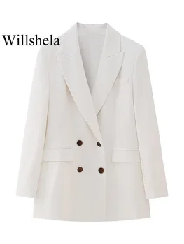 Willshela, женски модерен бял двубортный блейзър с джобове, ретро силует на вратата и дълъг ръкав, дамски шик дамски костюми