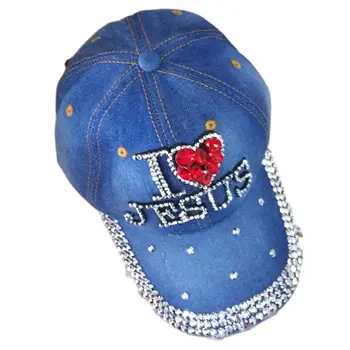 WJ2381 обичам червеното сърце на Исус на Деним плат Деним Изкуствени камъни дрънкулката памучни шапки