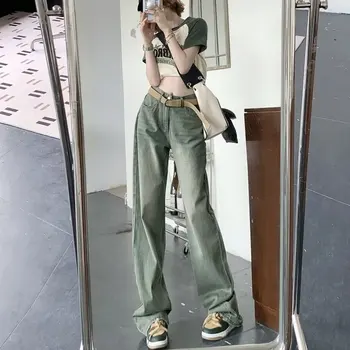Y2K, зелени дънки с широки штанинами в американски стил, ретро, дамски пролетни дънки с висока талия, свободни и утягивающие преки по-дълги панталони-меки материали