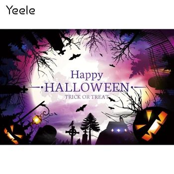Yeele, на фона на нощно гора на Хелоуин, надгробная печка, лунен гарван, фенерче във формата на тиква, фон за снимки на деня на раждане на детето, за фото студио