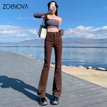ZOENOVA/ дамски кафяви разкроена дънки, ластични стегнати директни летни дънкови панталони 2022 г., дамски ежедневни градинска облекло Y2k, реколта панталони