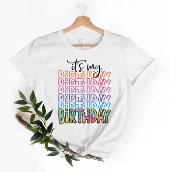 Акварел тениска с писмото принтом It ' S My Birthday за момичета, забавна бяла / розова тениска, дамски дрехи, подарък за рожден ден, тениска за жени