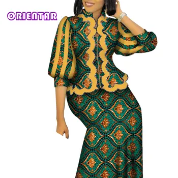 Африканска облекла за жени, подходящ комплект от 2 теми, в началото на с пищни ръкави и дълги поли в африканския стил, костюми с цип за жени, WY1469