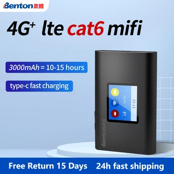 Бентън Отключени Cat 6 4G + Lte Портативен Рутер Безжичен 300 Mbit/s, Wifi Джобен Mifi Точка за Достъп Type C Зареждане на 3000 ма С вашата СИМ-карта