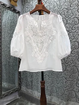 Блузи, модни дизайнерска блуза, летен стил 2023, дамски луксозна бродерия, 3/4 ръкав, ежедневни бели черни копринени памучни блузи