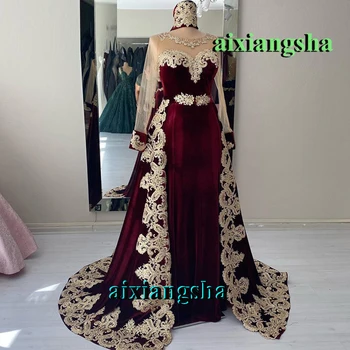 Бордо Aixiangsha velvet кафтан вечерни рокли с аппликацией Подвижна алжирски костюм Гандура вечерна рокля за Сватба парти