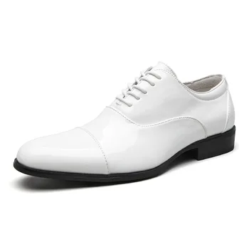Бяла Мъжка Булчински Обувки От Лачена Кожа, Мъжки Кожени Бизнес Оксфордские Лъскави Мъжки Обувки За Сватба
