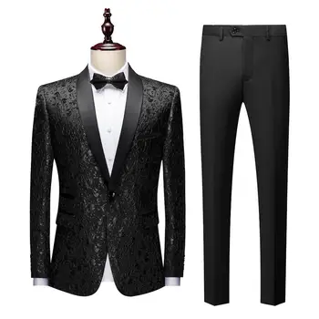 Висококачествени мъжки костюми, бизнес блейзър, комплект панталони, луксозен мъжки костюм със златни цветя принтом, сако, панталон, сватбен костюм на младоженеца, якета