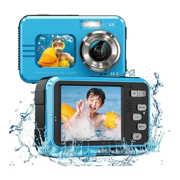 Водоустойчив 4K камера, подводна камера с 16 кратно цифрово увеличение, цифров фотоапарат с два екрана, селфи 48 Mp за деца с шнорхел