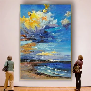 Голяма стенни художествена картина от ръчно изработени Абстрактен изглед към морето Живопис с маслени бои върху платно Фина текстура изгрева на слънцето Плакат за домашен интериор дневна