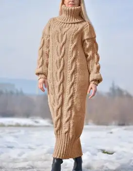 Дамска рокля-пуловер с висока воротом и дълъг ръкав, вязаное однотонное свободно зимата рокля