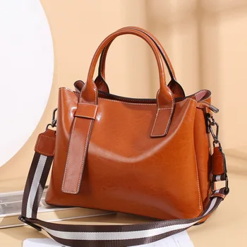 Дамска чанта от естествена кожа с голям капацитет, луксозна дамска чанта-тоут от телешка кожа, реколта дамска чанта-месинджър през рамо