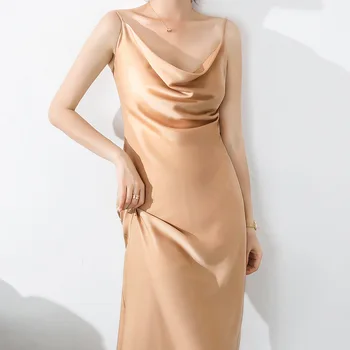 Дамски летни рокли на спагети презрамки от имитированного коприна, висококачествено дамско облекло за спагети презрамки с V-образно деколте до средата на прасците, 8Z