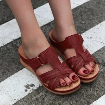 Дамски летни сандали на танкетке, ежедневни кожени джапанки с отворени пръсти на платформа, ретро, нескользящие чехли на танкетке, реколта обувки, sandalias