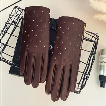 Дамски модни ръкавици от агнешка кожа със сензорен екран с цип, нов стил, кадифе накладки, зимните студени и топли ръкавици от естествена кожа