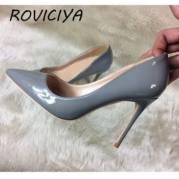 Дамски модни сиви обувки на висок ток 12 см, чубрица фини обувки с остри пръсти, женски сватбени обувки за младоженци, вечерни обувки QP062 ROVICIYA