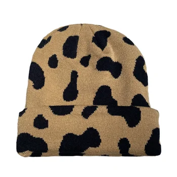 Дамски, Мъжки зимни шапки шапчица с леопардовым принтом и белезници, дебела вязаная мека топла ски шапка с припокриване на формата на черепа