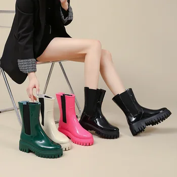 Дамски Непромокаеми обувки, Непромокаеми нескользящие обувки със средна дължина, Гумени Обувки от PVC, Кухненски Галоши по Причини 2022, Модни Botas De Mujer