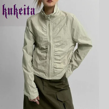 Дамски однотонная ежедневни къс плиссированная яке на съвсем малък с висока яка и дълъг ръкав, палта, пролет-лято, елегантна градинска облекло