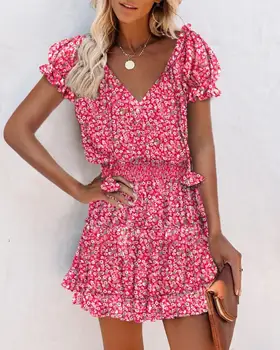 Дамски рокли 2023, Нова летни дрехи, модерно розово ежедневна рокля с пищни ръкави и рюшами, мини-рокля с къс ръкав