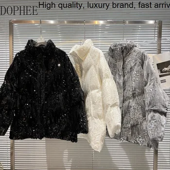 Дамски стеганая сако с пайети, кадифе, искрящ, 2023, нова зимно яке с градиентным яка-часова, с цип, свободно памучно палто с дълъг ръкав