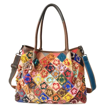 Дамски чанта от телешка кожа, модерен чанта-торба с голям обем, женствена чанта на едно рамо, модерен многоцветен лоскутная чанта