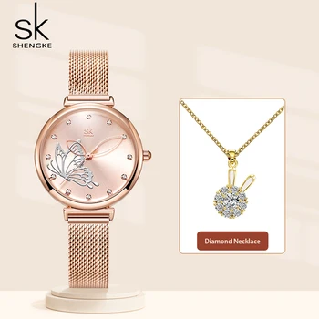 Дамски часовници Shengke розово-златист цвят, модерен набор от женски часа, диамантена огърлица, най-добрите подаръци за жени, кварцов часовник Montre