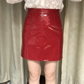Дамски червена пола от естествена лачена кожа, поли с цип от естествена кожа, дамски къса пола по поръчка, пола-trapeze, секси мини