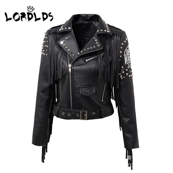 Дамски черно кожено яке LORDLDS, есенно-зимни съкратен якета за мотобайкеров, къса градинска дрехи, дамски модни палта, връхни дрехи