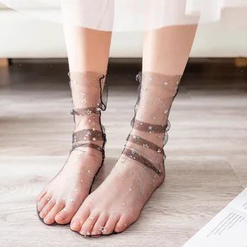 Дамски чорапи със страхотна дрямка и сребрист звезда, сладки с копринени секси дантелени чорапи като рибарска мрежа, прозрачни 1 чифт = 2 бр.